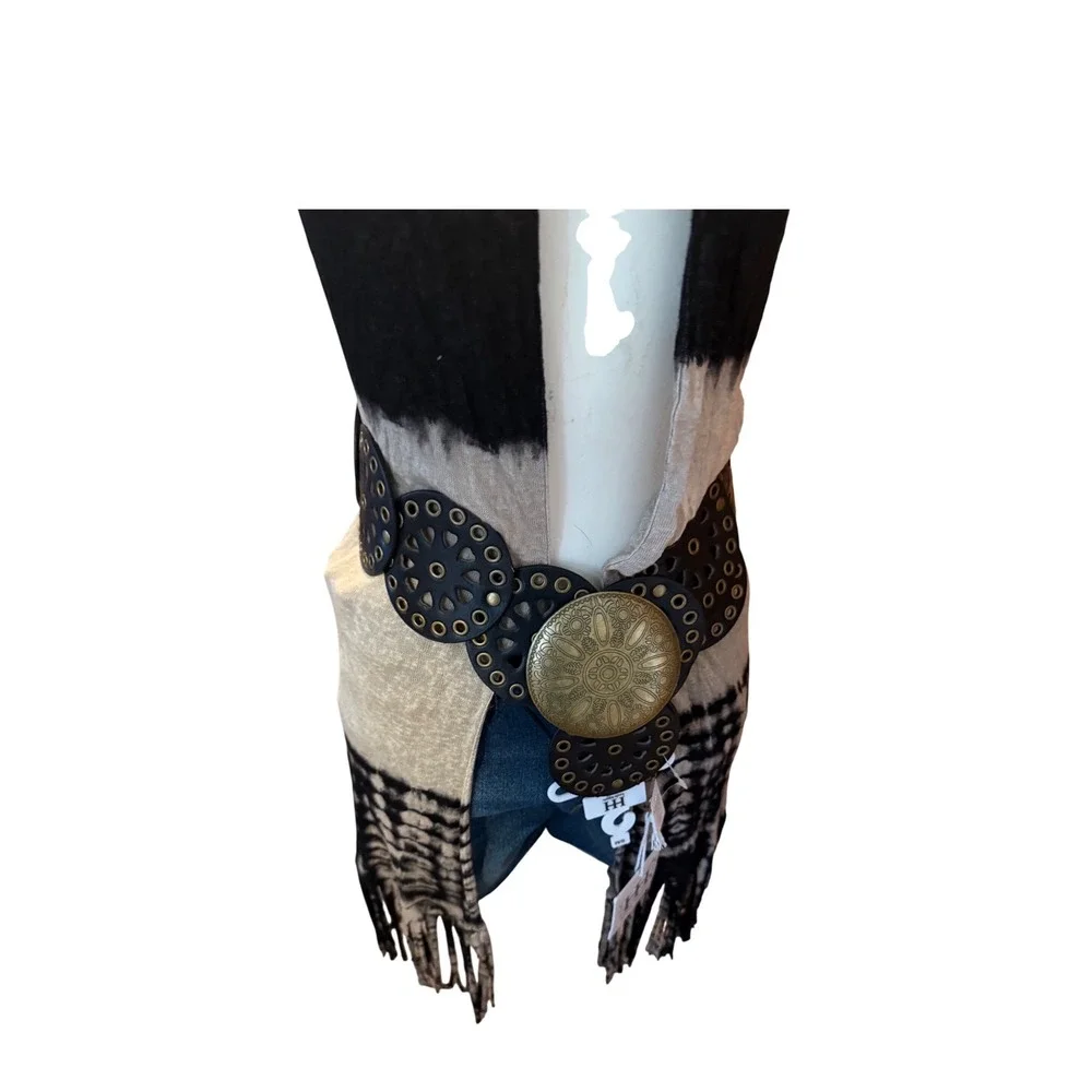 Haute Hippie‎ Style Black Leather Medallion Belt Ornate Gold Buckle Boho New